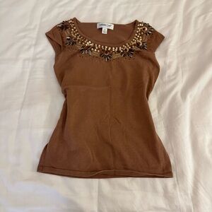 Coldwater Creek Brown Embellished Short Sleeve Top